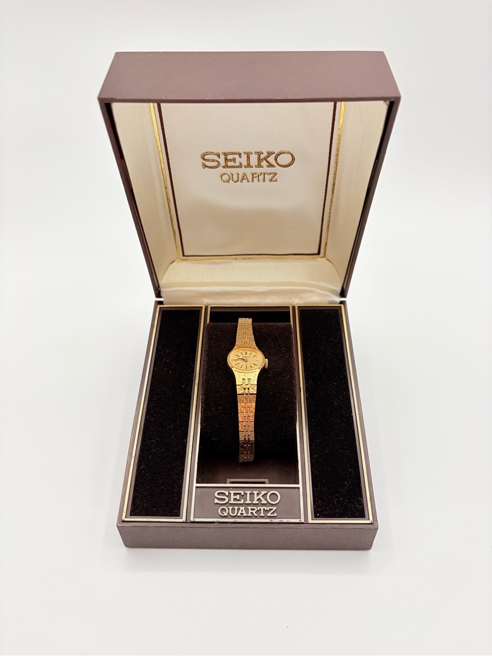 Vintage Seiko Quartz Ladies Watch Gold Tone 1100-7619 Japan w/ Box 6.5” - Picture 2 of 16